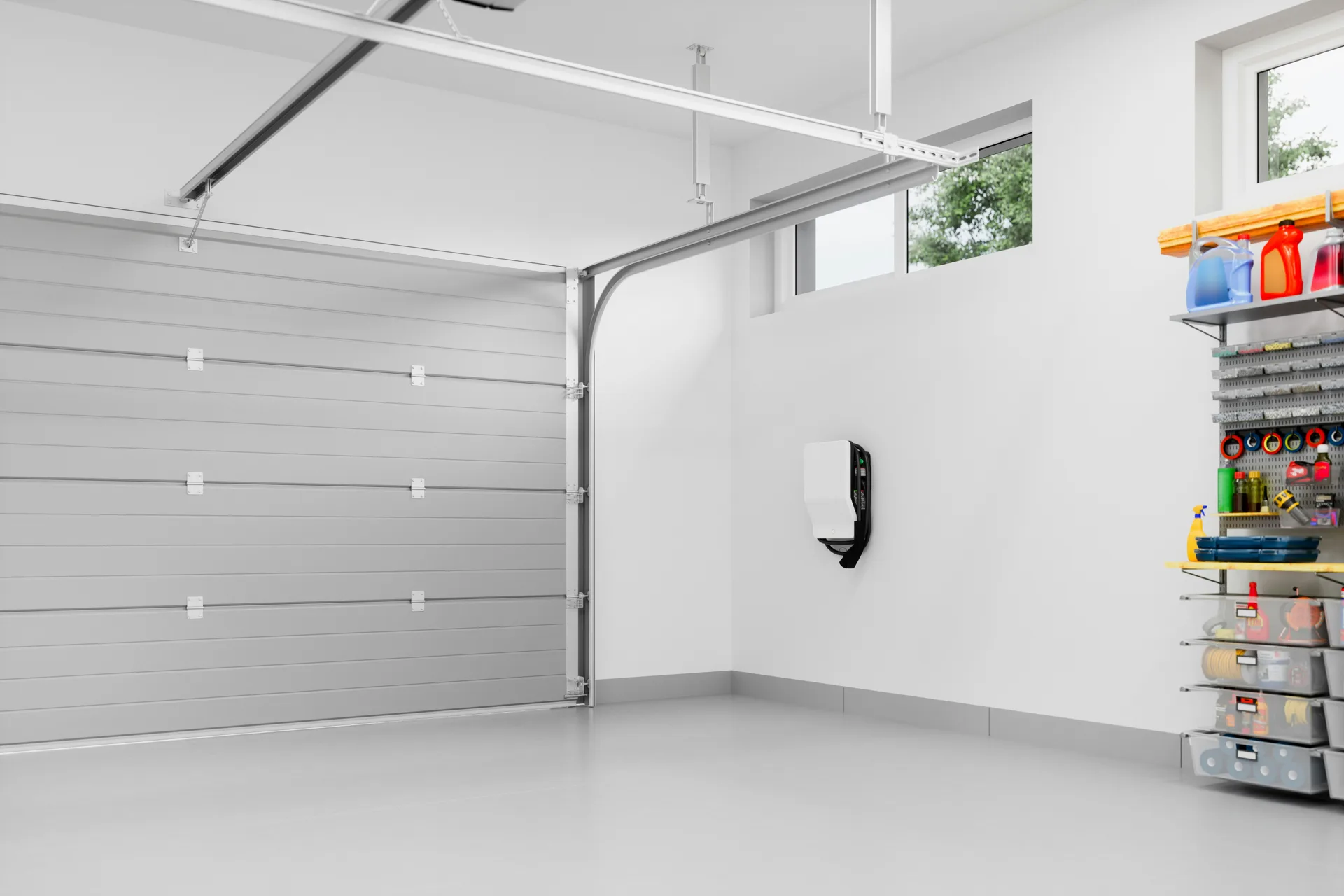epoxy-coated garage floor with an EV charger at a Minneapolis home