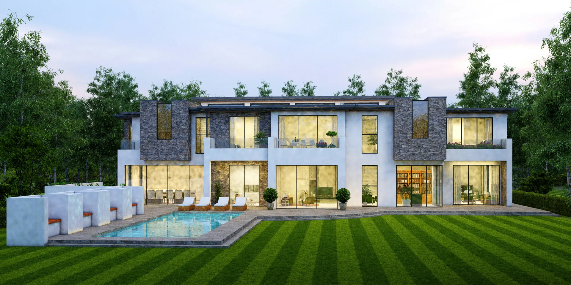 concrete pool deck at a Manotick lake home at dusk